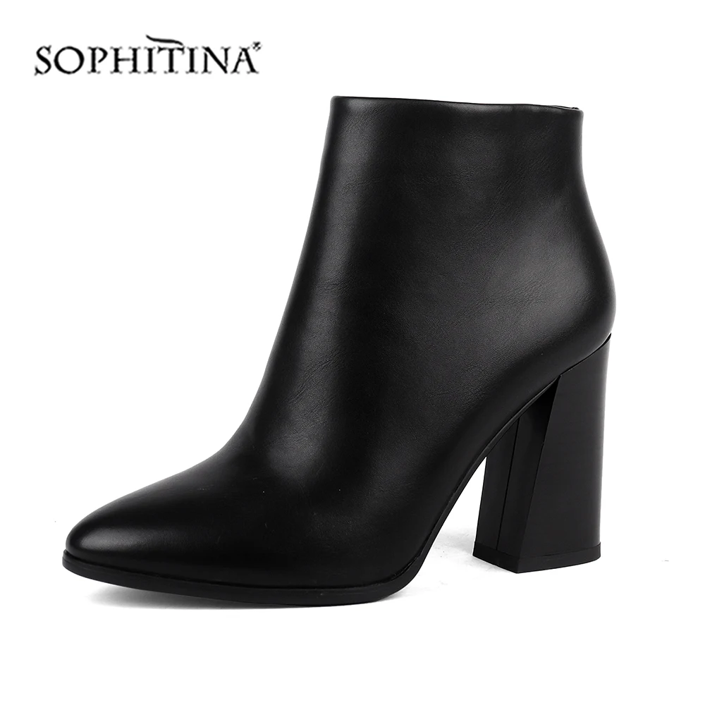 SOPHITINA Sexy Pointed Toe Boots Fashion Zipper Square Heel Solid Handmade Elegant Special Shoes New Women's Ankle Boots BY143