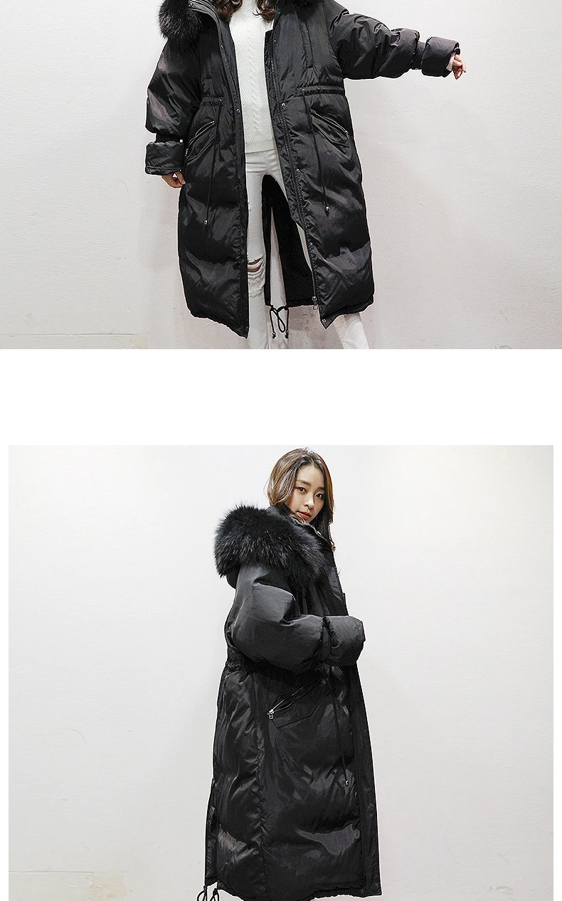 Mid-length Down Jacket Women Winter New Thicken Warm Coat Duck Down Fur Collar Hooded Loose Down Coat Female AN109