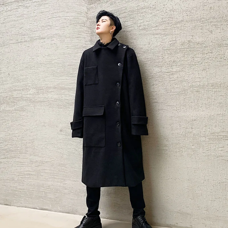 Мужская Асимметричная дизайнерская Свободная Повседневная Длинная шерстяная куртка, Тренч, верхняя одежда, Мужская винтажная уличная ветровка, куртка, пальто