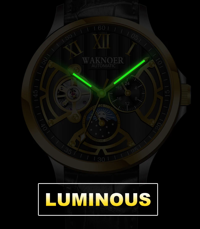 Модные деловые часы WAKNOER, мужские автоматические светящиеся часы, мужские механические часы с турбийоном, Лидирующий бренд, с коробкой, Montre Homme