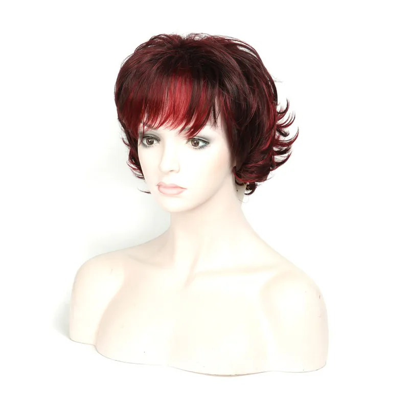 

SHUOHAN 35cm Fluffy Synthetic Short Wavy Wig High Temperature Fiber Wild Machine Net None Lace Black Red Zebra SX31