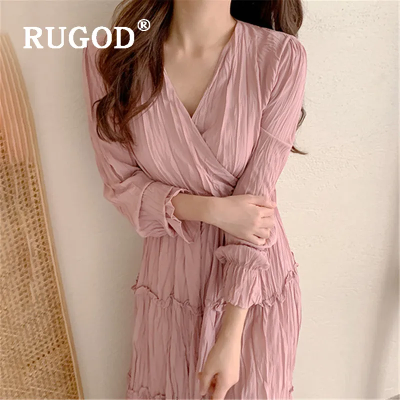 RUGOD 2020 весеннее корейское платье макси Waveselvedge однотонный топ с длинными рукавами