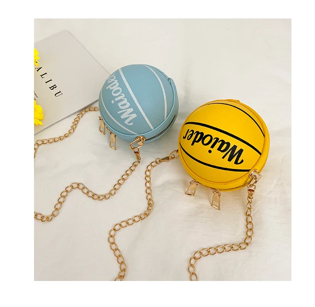 Kids Basketball Messenger Bag Children Girls Leather Round Crossbody Pack Metal Chain Strap For Holiday Travel 3