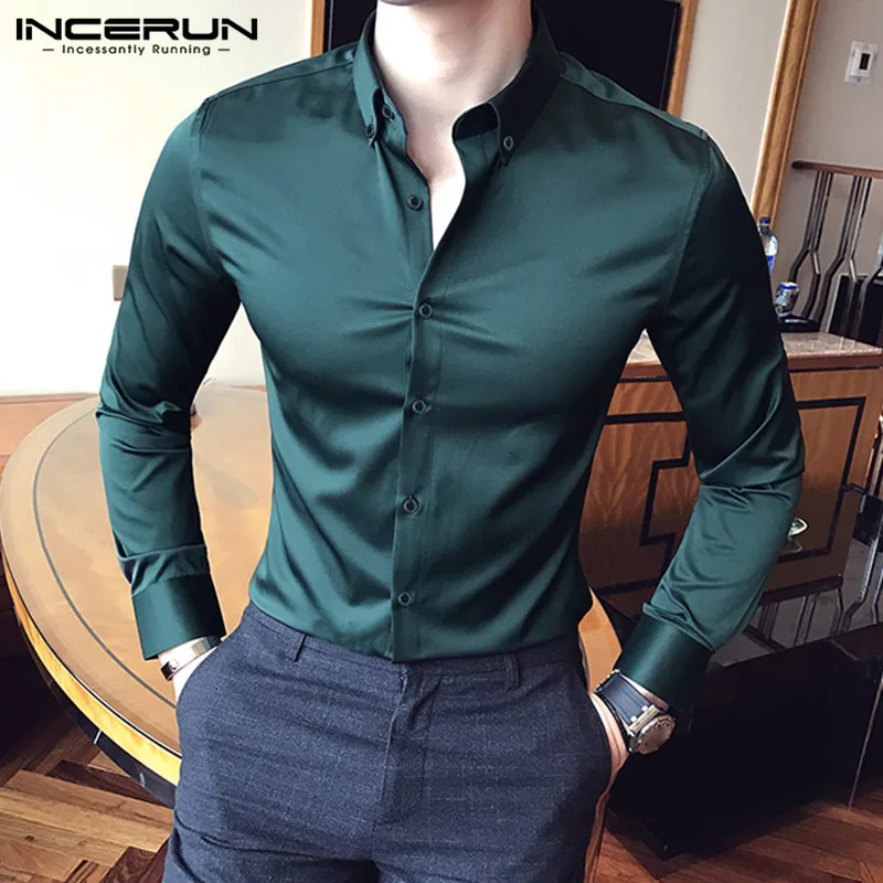 Panadería bomba aire Moda hombre Camisa de vestir de marca seda satén solapa blusa sólida manga  larga Social negocios camisas hombres Camisa Masculina 2020 INCERUN _ -  AliExpress Mobile