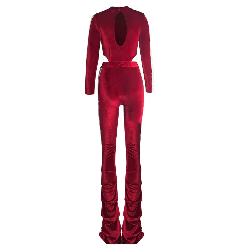 claret-red Зимний женский комплект, спортивный костюм, бархат, расшитый блестками, длинный рукав, топ-двойка, набор, сексуальный, для ночного клуба, для вечеринки, наряд - Цвет: claret-red