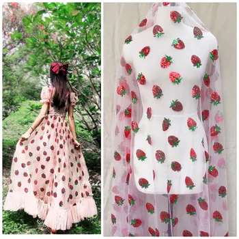 

2M Width130CM Sequin Strawberry Mesh Tulle Lace Fabric DIY Bridal Dress Wedding Fabric Patchwork Sewing Home Decoration Fabric