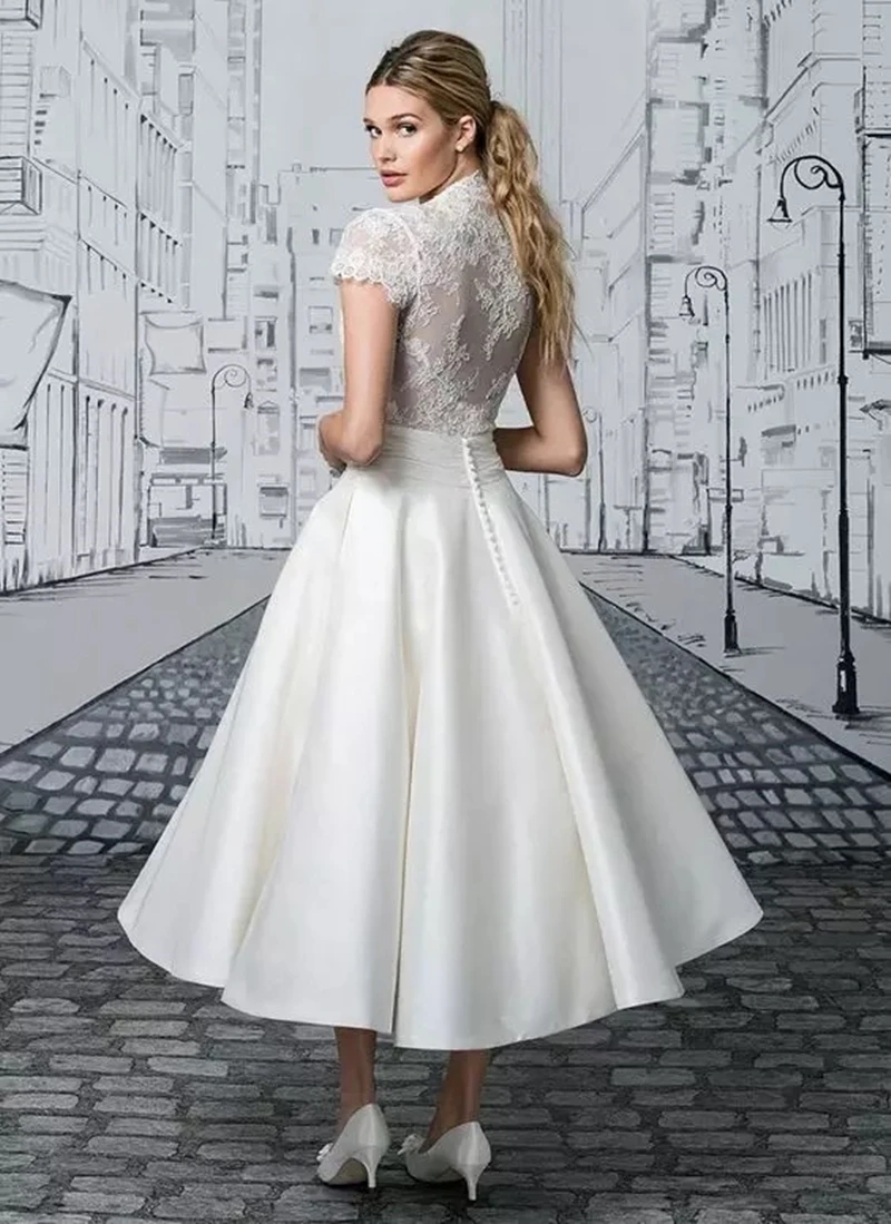 V-Neck Stretch Satin Cocktail Dresses Cap Sleeves Tea-Length Lace Formal Dresses