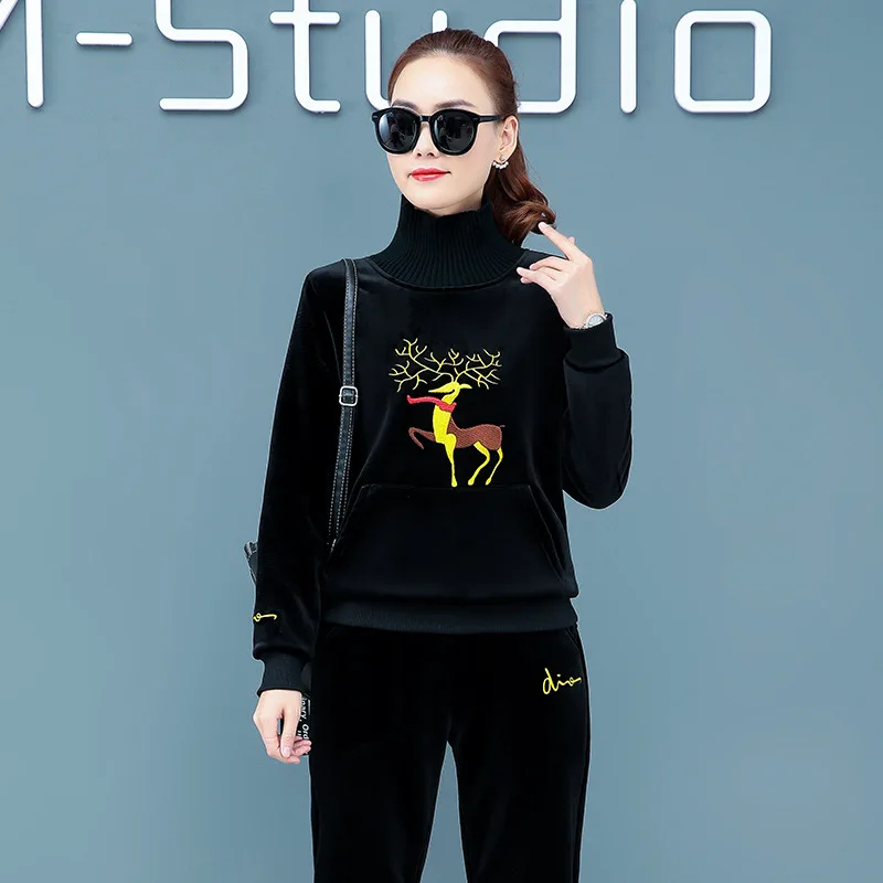 

Double-sided Plush 2019 Autumn And Winter New Style Casual Sports Clothing Set Brushed And Thick Fashion Gold Velvet Slimming Tw