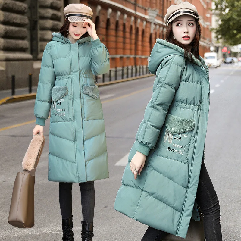 

Mid-length Granule Joint Pocket Machine Embroidery Drawstring Waist Hooded down Cotton Cotton-padded Clothes