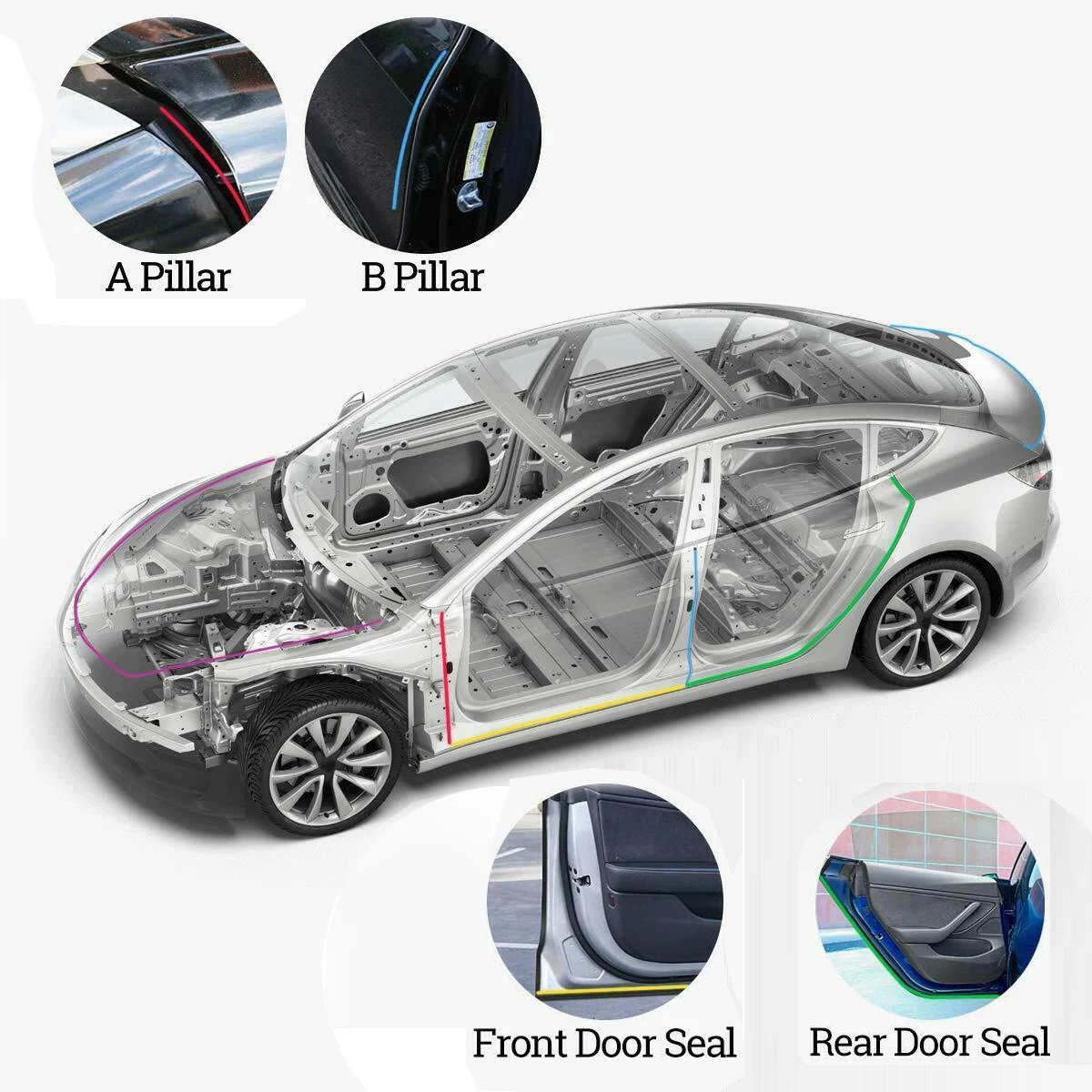 

Car Door Rubber Sealing Strips Wind Noise Soundproof Set Black For Tesla Model 3