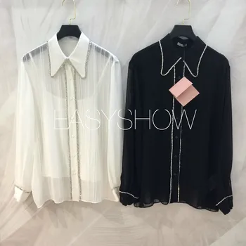 

M151 100 % pure silk shirt black and white two color frivolous spring string bead adornment
