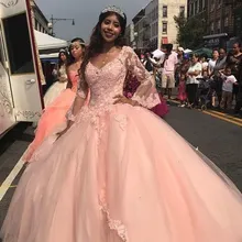 Очаровательное бальное платье с v-образным вырезом и кружевной аппликацией, рукав 3/4, на шнуровке сзади, Тюлевое Многоуровневое длинное красивое платье размера плюс, Пышное Платье