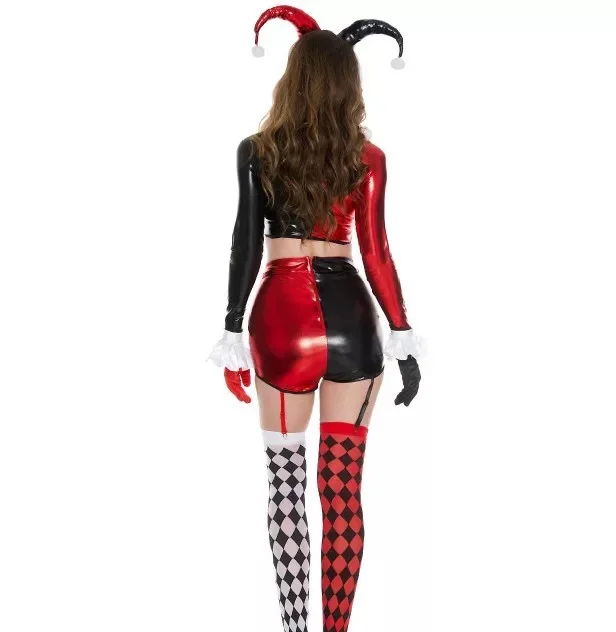 Смешной клоун женский косплей костюм Джокера на Хэллоуин Необычные Девушки карнавал ночной клуб вечерние женщины Арлекин Косплей Черный Красный костюм