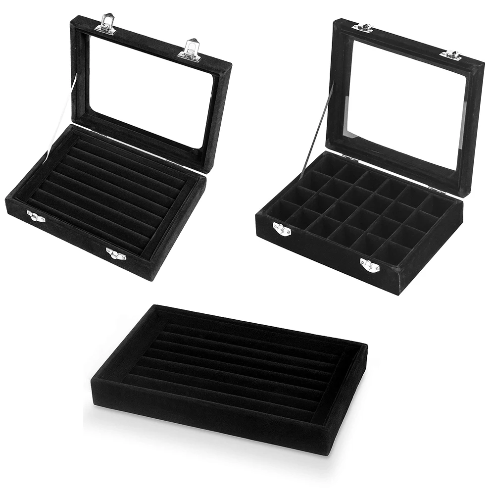 

Earring Storage Case 24 Compartments & 7 Slots Ring Display Box Bracelet Organizer Velvet Jewelry Tray Cufflink Showcase-Black