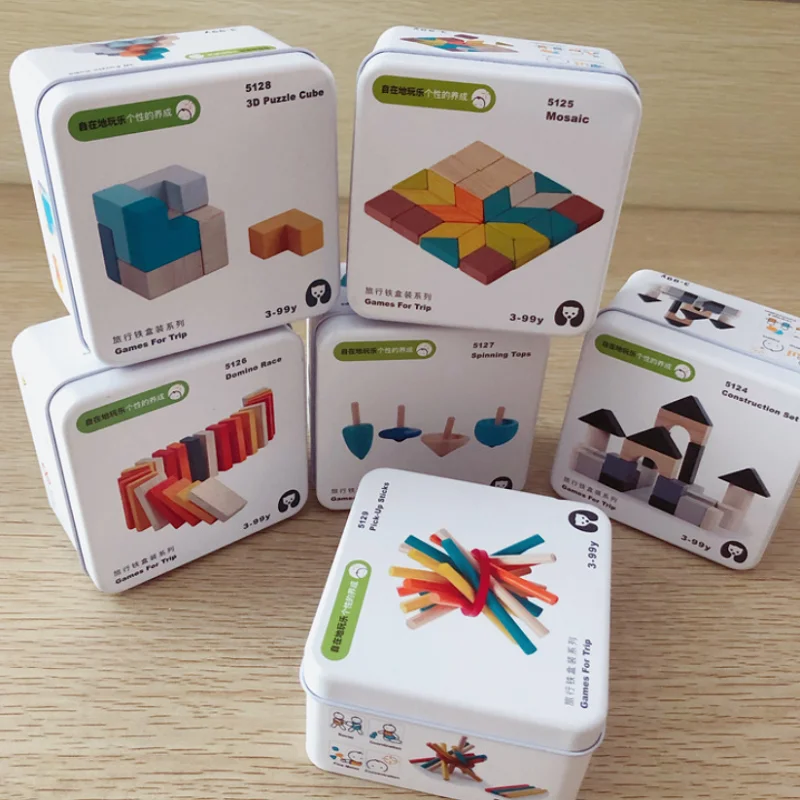 Juguete educativo de viaje Montessori de hierro en caja para niños, dominó de madera, bloques de construcción, gyro, juguete para bebé, Educación Temprana, juguetes de madera para niños