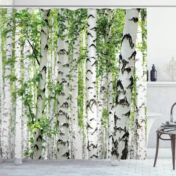 

Woodland Shower Curtain Birch Trees in The Forest Summertime Wildlife Nature Outdoors Themed Picture Cloth Fabric Bathroom Decor