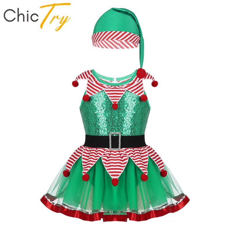 

ChicTry Kids Christmas Holiday Elf Costume Sequined Striped Mesh Dance Leotard Tutu Dress Hat Set Girls Stage Performance Outfit
