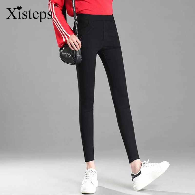 

Xisteps Women Skinny Pencil Pants Solid Black Mid Waist High Stretch Pockets Trouser Autumn 2020 Slim Leggings Plus Size 5xl
