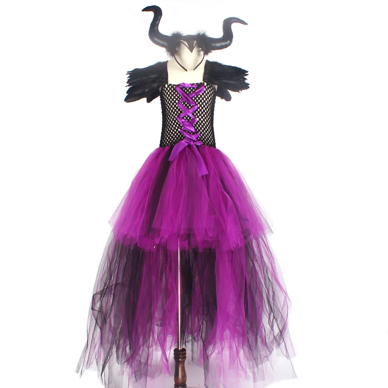 Halloween Maleficent Evil Dark Queen Girls Tutu Dress with Horns