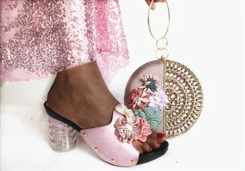 

Nice pink high heel African slipper shoes and bag set with flower G85, heel height 7.5cm