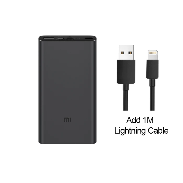 Xiaomi Mi, 10000 мА/ч, внешний аккумулятор 3, 18 Вт, максимальная быстрая зарядка, USB-C, Двойной вход, выход, PLM12ZM, 10000 мА/ч, внешний аккумулятор для samsung iPhone - Цвет: Black add Lightning