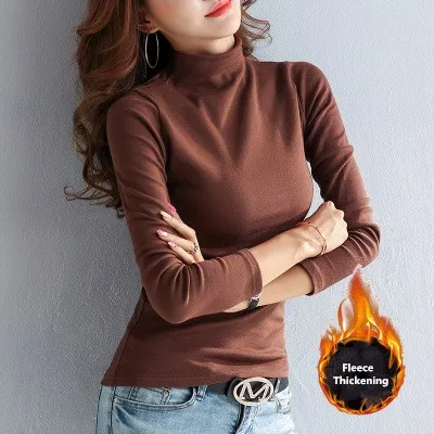 Dark Brown Осень-зима, Новая женская футболка с высоким воротником, Женская Облегающая водолазка, Женский флисовый Топ, тонкая, дикая, однотонная, удобная, теплая - Цвет: Dark Brown