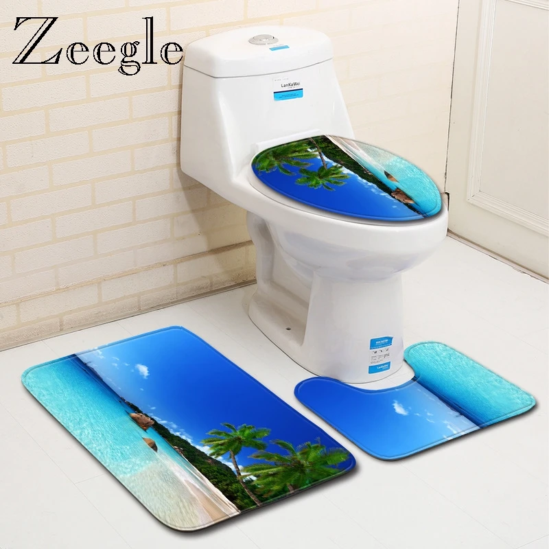 Zeegle Beach Printed Bathroom Mats and Rugs Toilet Mat 3pcs Set WC Carpet Memory Foam Bath Mats Bathroom Non Slip Shower Mat