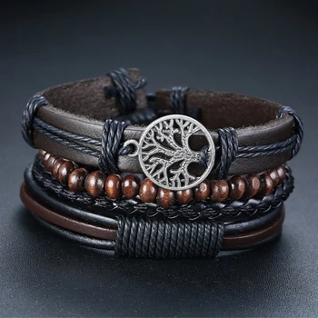 Vnox 4Pcs/ Set Braided Wrap Leather Bracelets for Men Vintage Life Tree Rudder Charm Wood Beads Ethnic Tribal Wristbands
