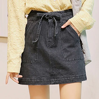 

Women Denim Skirt High Waist Jeans Skirt With Waist Blelt Female Aline Casual Short Skirt Student Light Blue Black Skirts2020