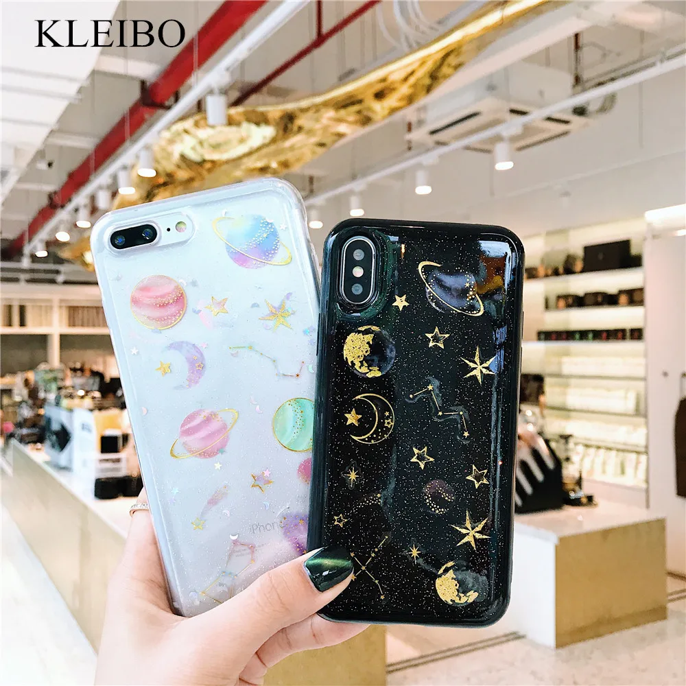 Glitter Bling Moon Stars Planet Phone Case For iphone 11 11Pro Max XS XR X 6S 6 7 8 Plus Back Cover Cartoon coque fuda | Мобильные