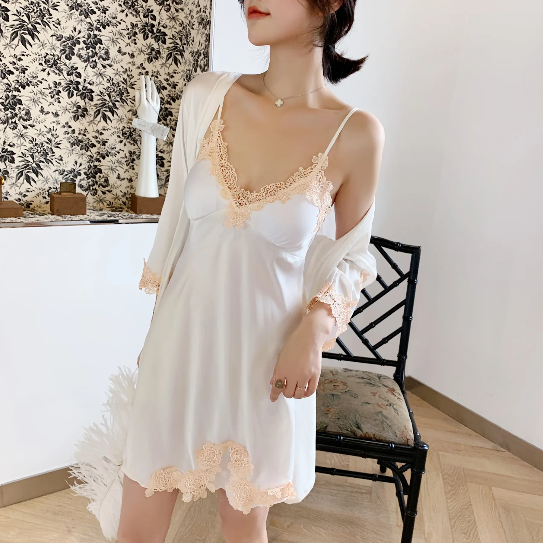 Summer New 2 Pcs Set Women Pyjama Solid Color High Quality Lace Sexy Sleepwear With Chest Pad Pajamas
