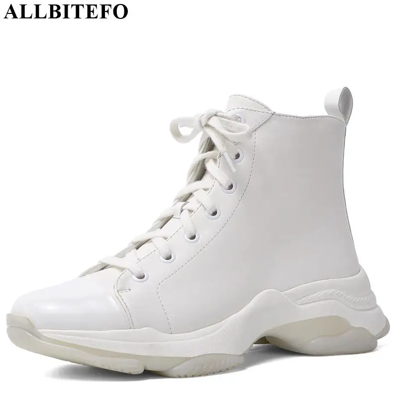 

ALLBITEFO real genuine leather women boots flat heel concise ankle boots lace up hot sale Autumn Winter high quality boots