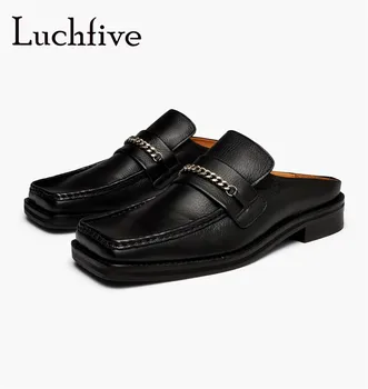 

Square Toe Flat Heel Mules Chain Embellished Lazy Loafers Shoes Women Casual Outdoor Footwear Black White Leather Slippers Shoes