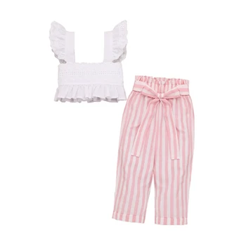 

Children's Set Top Pant Two-Piece Girls Cotton Solid Color Shoulderless Straps Shirt Striped Trousers Summer