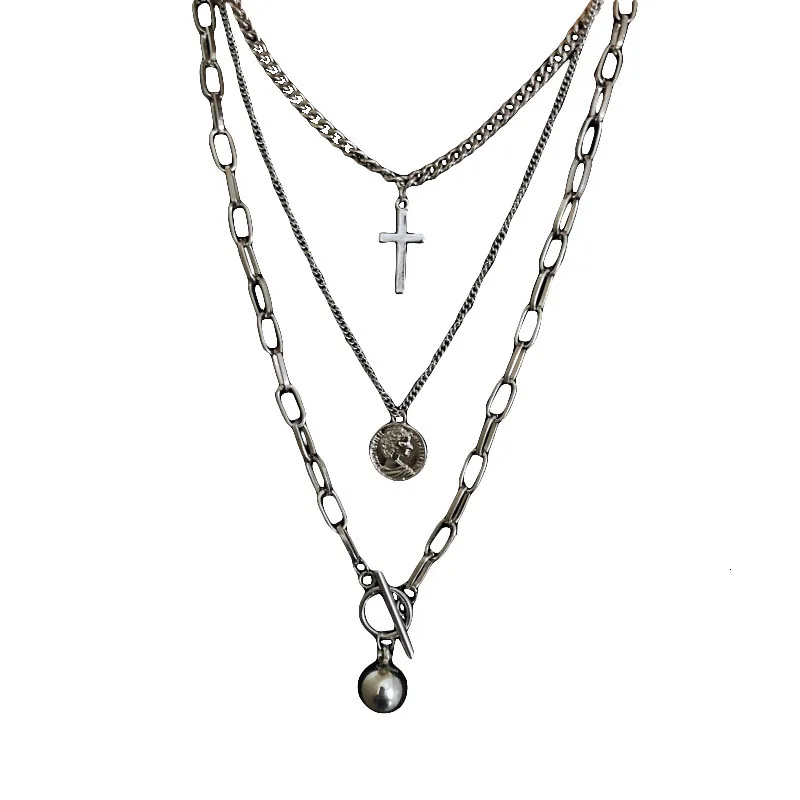 Korea Harajuku Street Hip Hop Stainless Steel Multilayer Cross Pendant Necklace Men and Women Personality Pendant Accessories