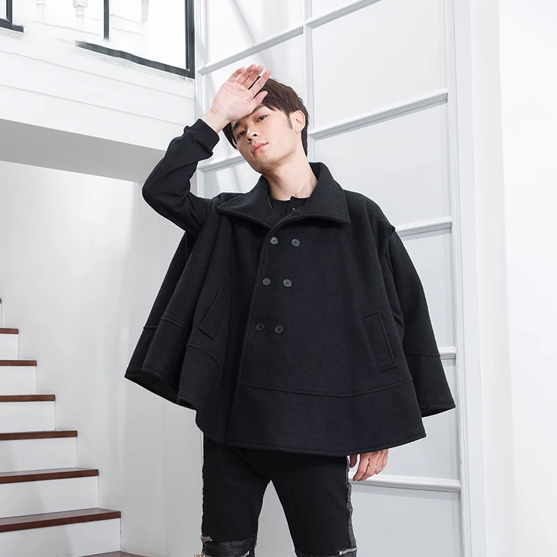 Short double-breasted Lapel winter tide men's coat round pendulum loose bat sleeve coat sleeveless hip-hop nightclub trend Short double-breasted Lapel winter tide men's coat round pendulum loose bat sleeve coat sleeveless hip-hop nightclub trend