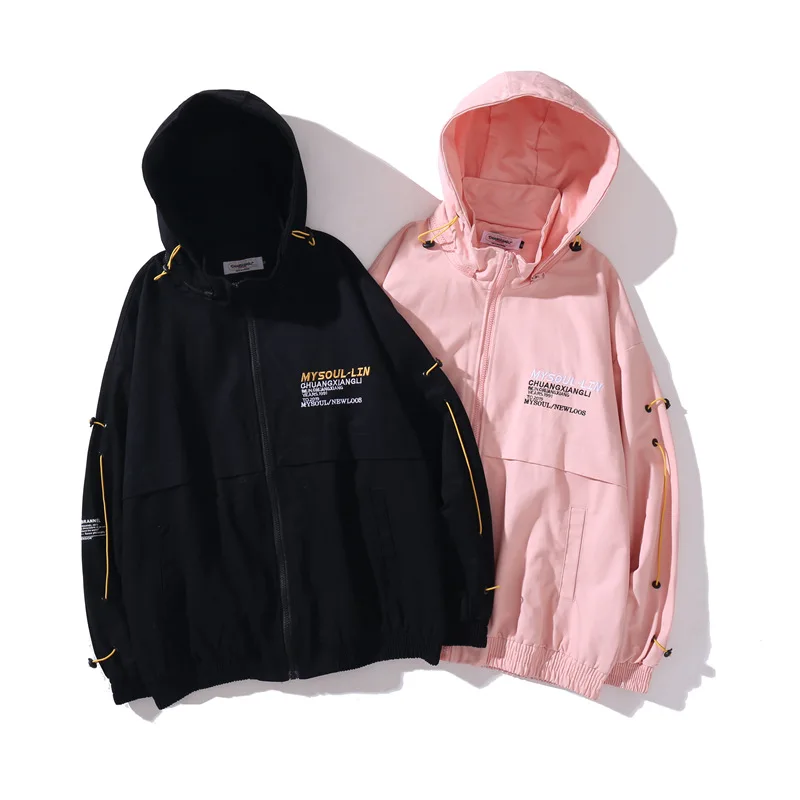 Harajuku буквы Embroid куртка мужская хип хоп Уличная куртка с капюшоном Ветровка Весна Япония воротник Мандарин жакет пальто толстовка с капюшоном