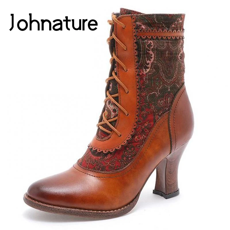 Женские ботинки с вышивкой Johnature из натуральной кожи коротким плюшем на