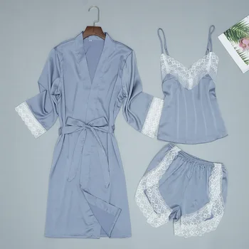 

Gray Summer Women Home Wear Pajamas 3PC Strap Top Pants Suit Sleepwear Sets Nightgown Sexy Lady Kimono Robe Bath Gown Nightdress
