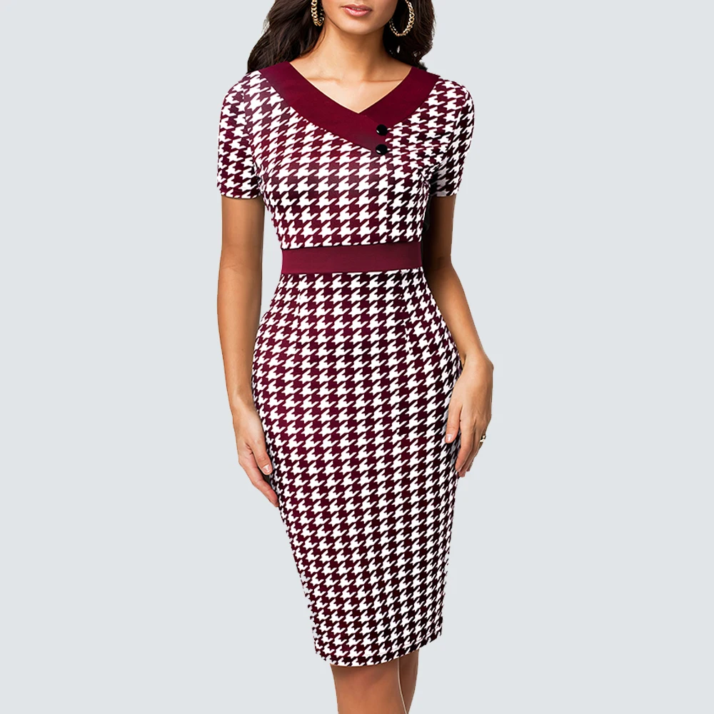 Abito Da Donna Elegante A Maniche Corte Pied De Poule A Maniche Corte Da Donna Elegante Hb633