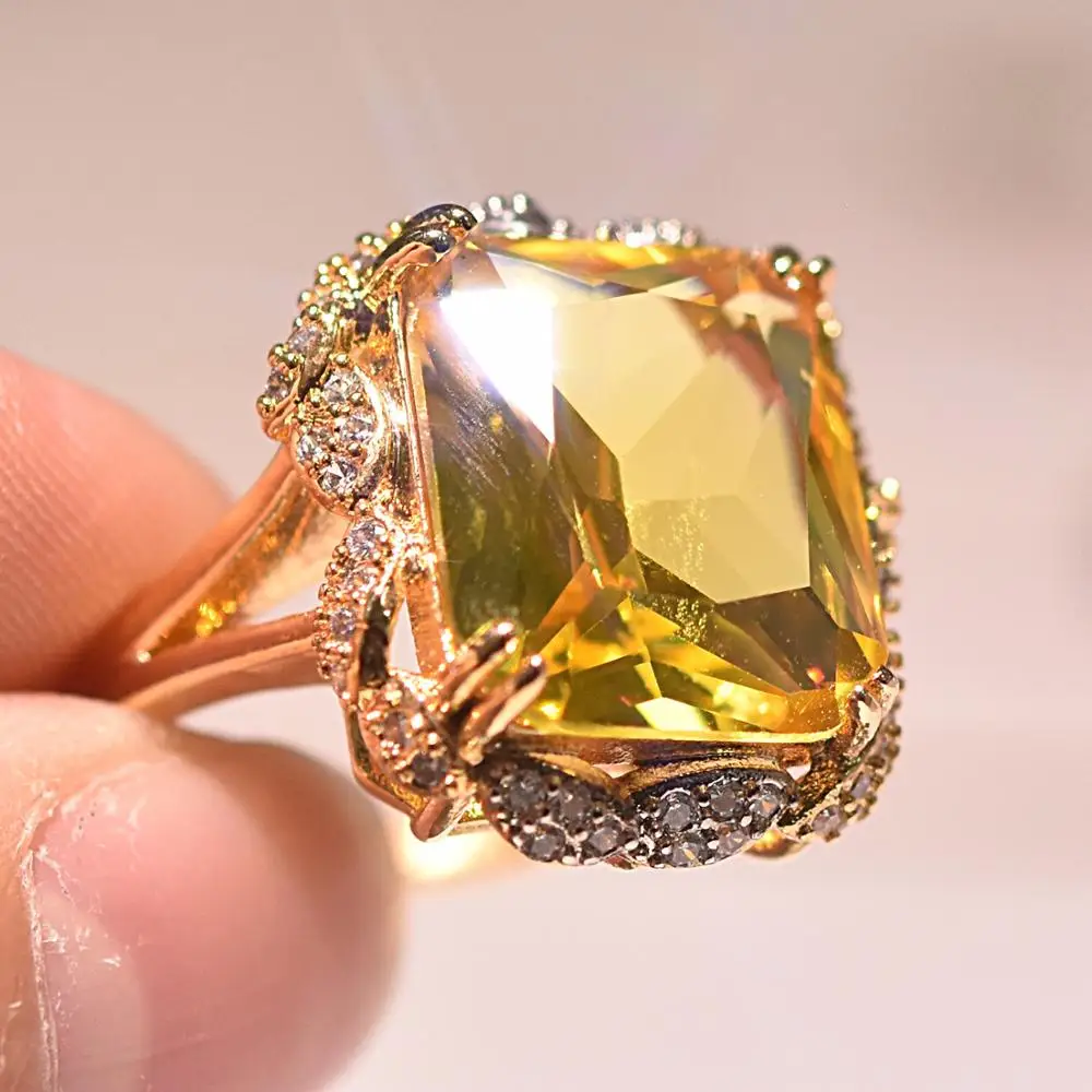 Великолепная Очаровательная большая площадь желтый CZ камень кольцо для женщин Мода Серебряный Цвет Кристалл Циркон кольцо для невесты модные ювелирные изделия