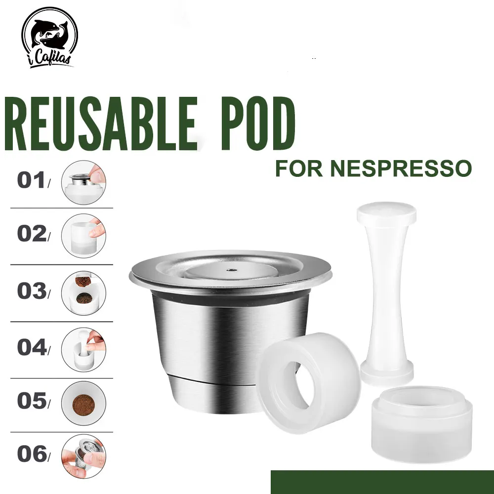 Icafilas Capsula Di Caffè Riutilizzabile Per Caffè Nespresso Machien Filtro Per Caffè In Acciaio Inossidabile Pod Tamper Dosatore Per Essenza Mini