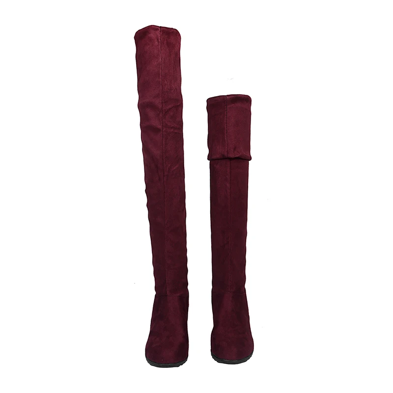 wine red Новые осенние сапоги выше колена женские модные высокие сапоги из флока, сапоги на танкетке, сапоги на платформе женские высокие сапоги до бедра женская обувь, размер 43 - Color: wine red