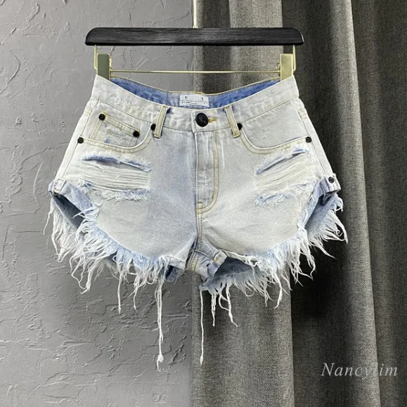 plus size clothing Denim Shorts Womens Summer 2022 Korean Style Blue Tassel Jeans Retro High Waist Make Old Ripped Female Clothes miss me jeans