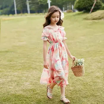 

Teenage Girls 2020 Summer Princess Dress Floral Print Ruffle Kids Chiffon Beach Dresses For Girls Clothes Children Costume W235