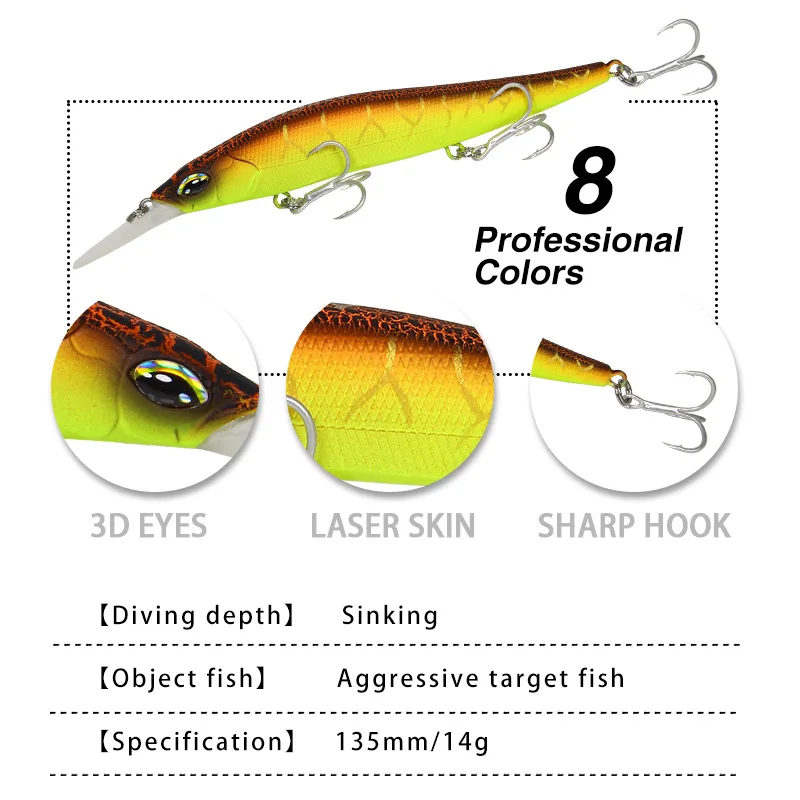 

Lure Mino 13.5 Cm/13.9G Long-Tongued Board Submerged Bionic Lure Hard Bait Outdoor Angling Fishing Gear