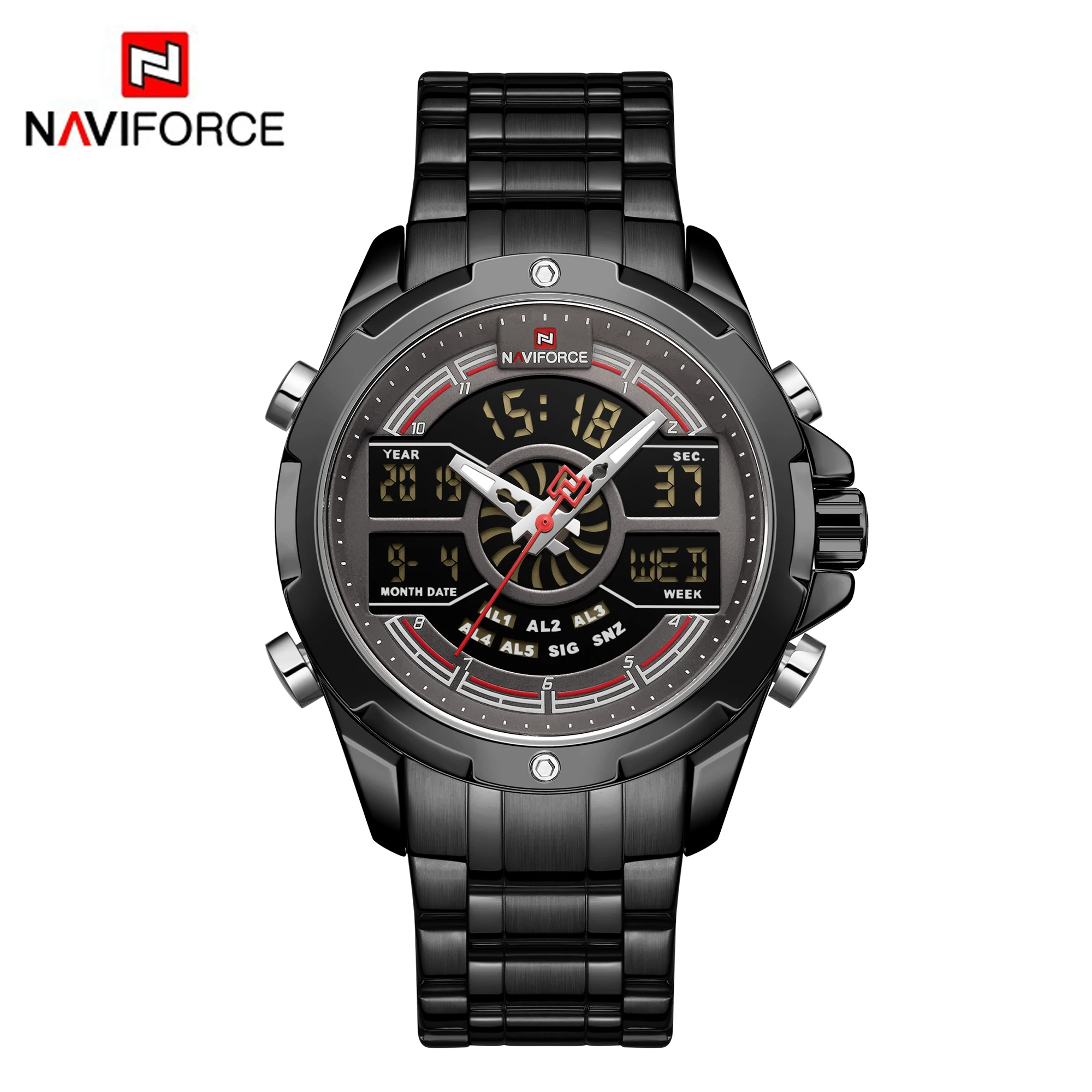 NAVIFORCE Sport Men Watches Fashion Digital Quartz Wrist Watch Steel Waterproof Dual Display Date Clock Gold Relogio Masculino - Цвет: Черный