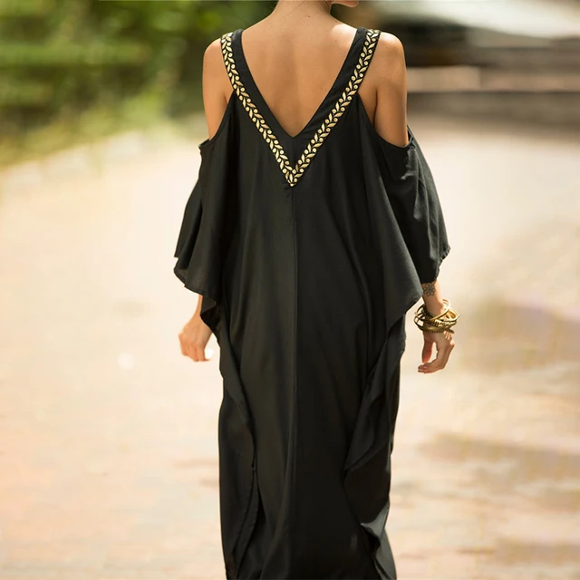 2021 Sexy Cold Shoulder V Neck Bats Sleeve Loose Summer Beach Dress Plus Size Women Beachwear Kaftan Black Dress Q943 4