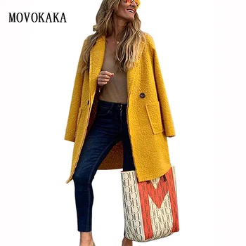 

Autumn Winter Fashion Coat Women Long Sleeve Female Coat Yellow Winter Women Blend Coat Woman Hairy Winter Coats Single Breasted