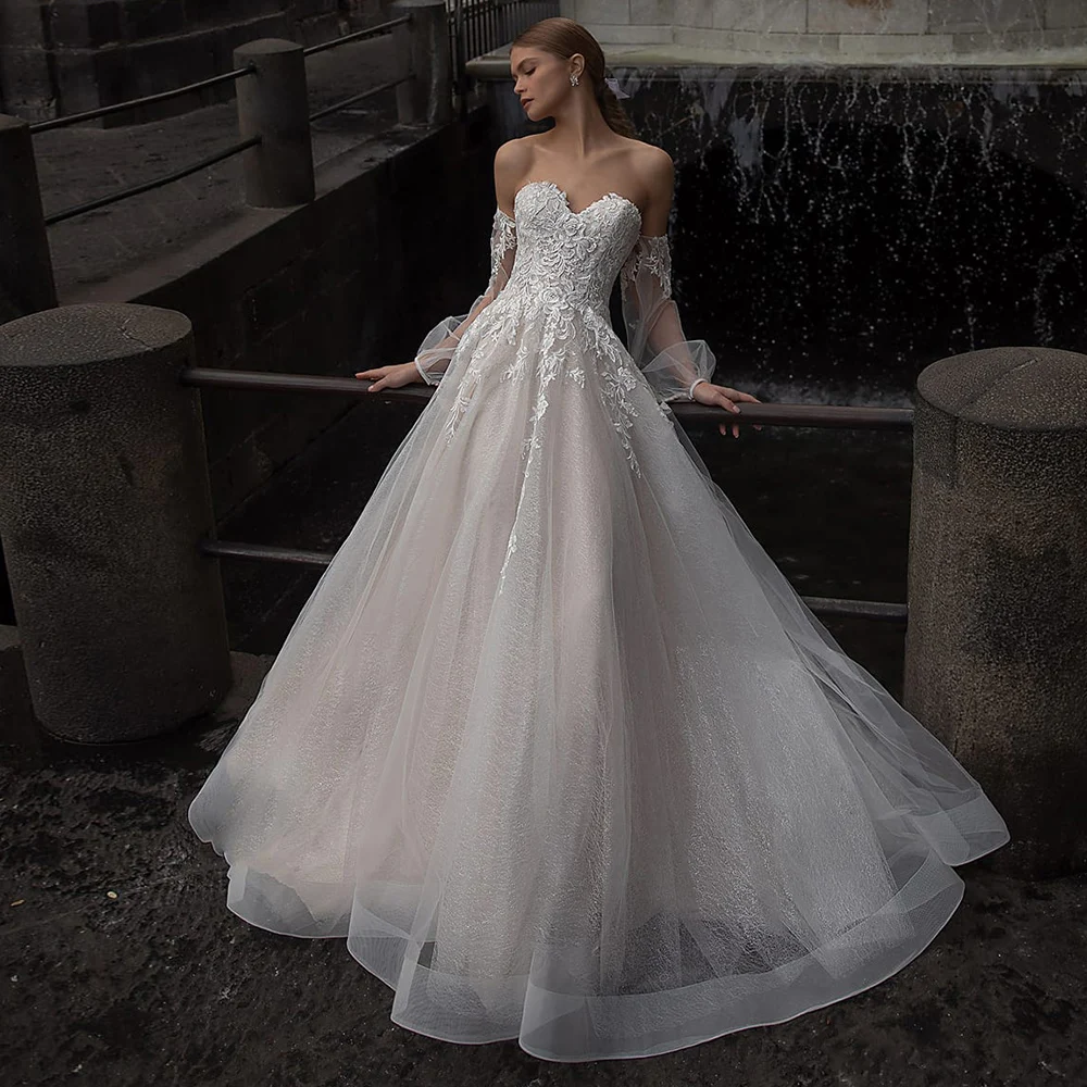 

Charming Tulle Wedding Dresses 2020 Sweetheart Off-the-shoulder Lace Applique SweepTrain A Line Bridal Dresses
